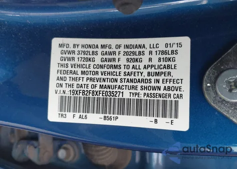 2015 Honda Civic Ex из США, поврежденный, VIN 19XFB2F8XFE035271